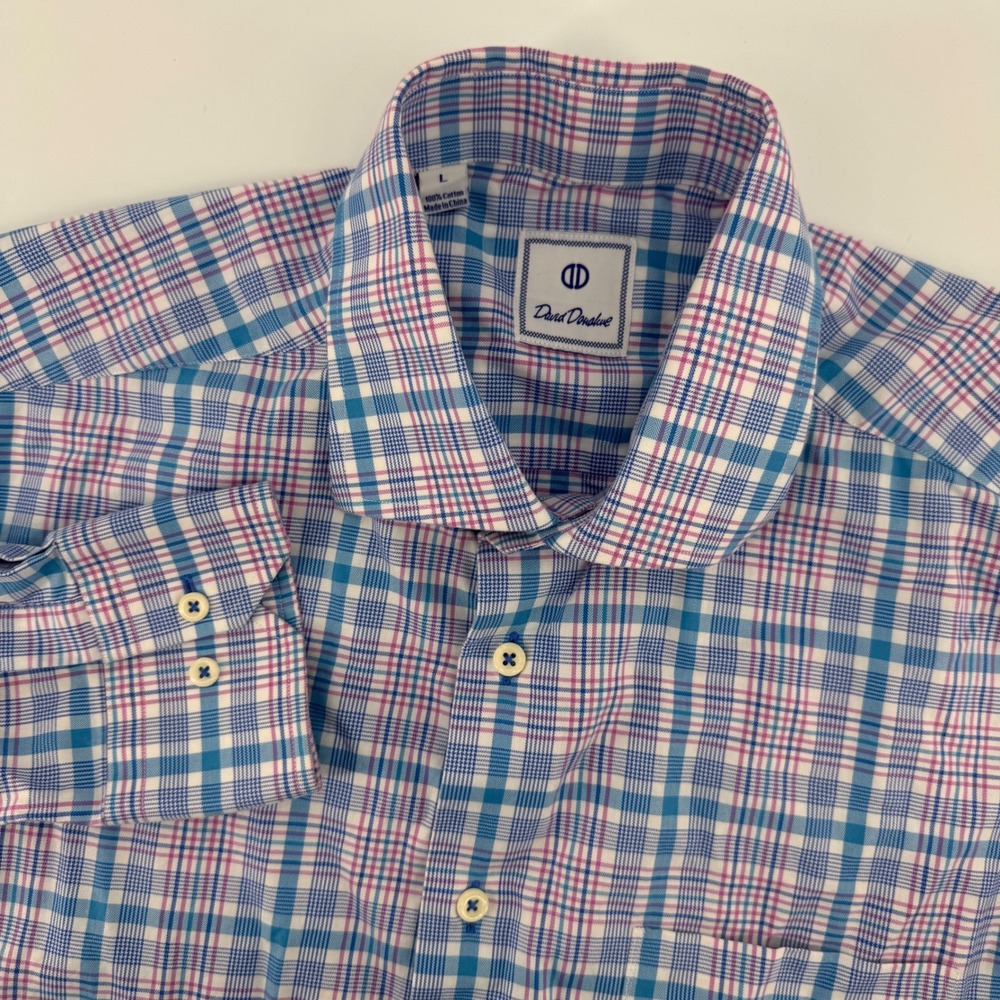 David Donahue Button Down Men L Blue Pink Plaid‎ Cotton Long Sleeve Dress Shirt